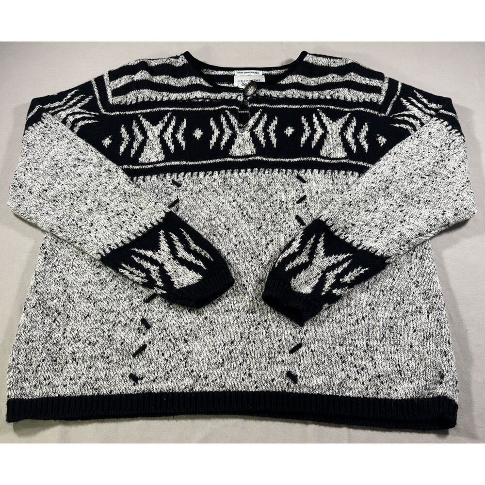 Christopher & Banks Women’s Geometric Yoke Pullover Sweater M Black White VTG